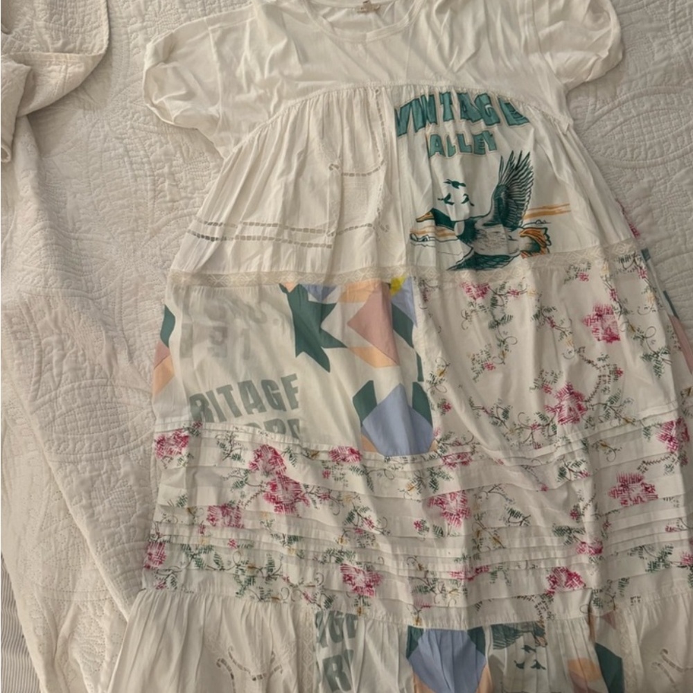 Anthropologie White Maxi Dress with Floral and Graphic Print